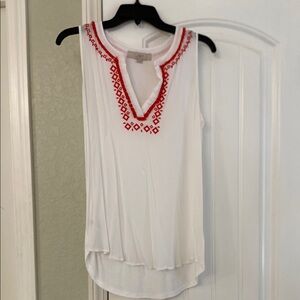 LOFT Asymmetrical White and Red Embellished Tank Top